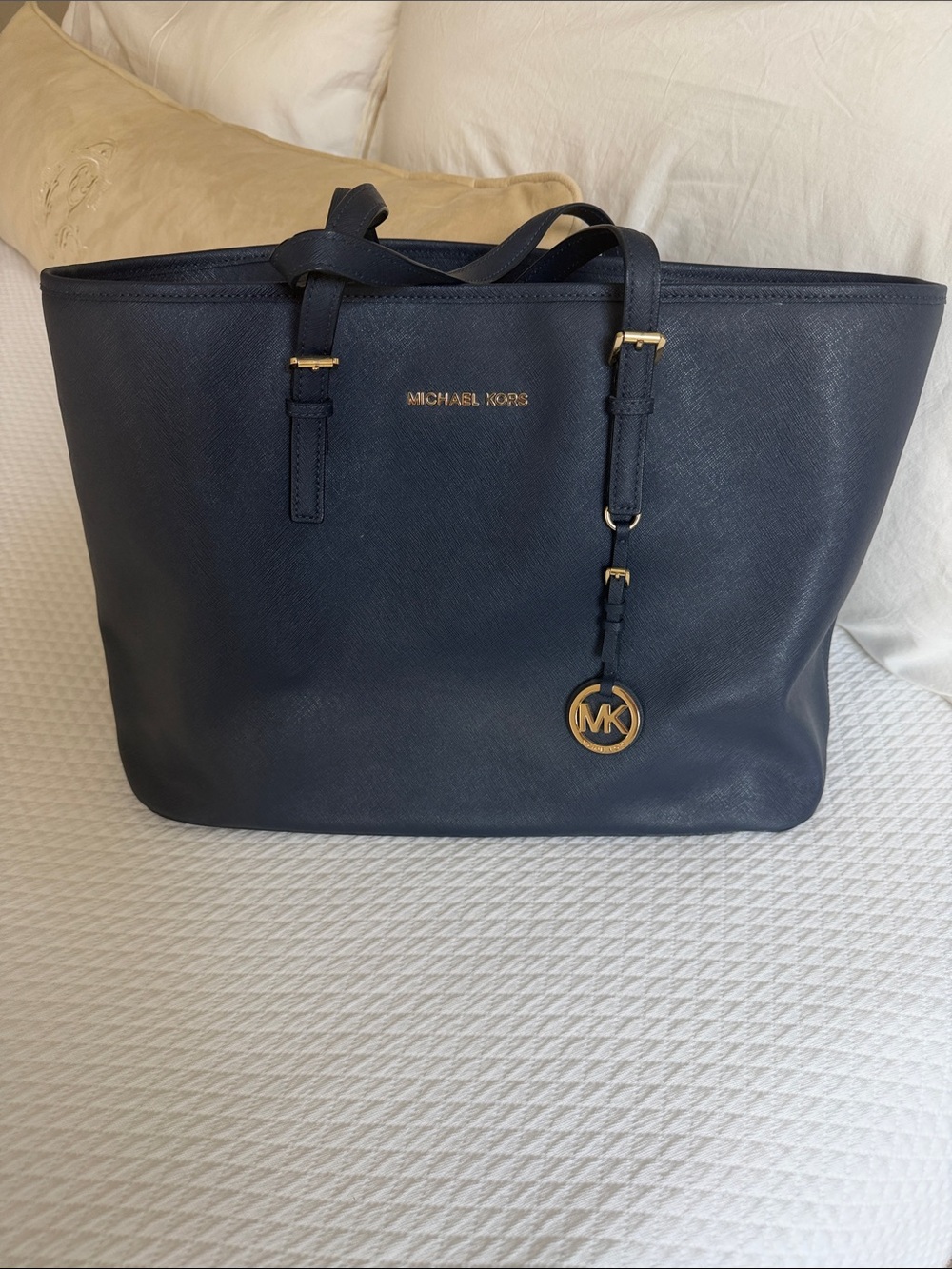 MICHAEL KORS Navy Saffiano Leather Tote with Gold Hardware